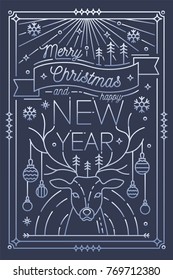 Merry Christmas and Happy New Year greeting card template with holiday decorations - deer with antlers decorated with baubles, snowflakes, spruces. Festive vector illustration in line art style.