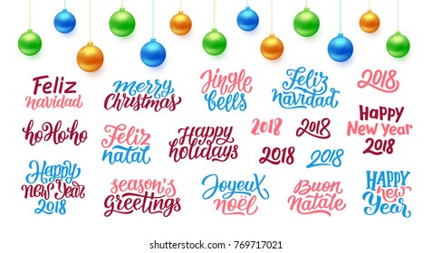 Merry Christmas and Happy New year 2018 typography quotes and wishes set for decoration. Isolated vector lettering text emblems with seasons greetings for cards and banners design for winter holidays