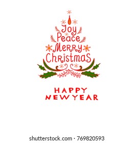 Merry Christmas and Happy New Year  Greeting Card. Joy, Peace, Merry Christmas Text. Christmas Tree Vector Illustration