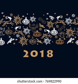 Merry Christmas and Happy New Year pattern with golden snowflakes and deers, angels, fir branches, candles,  for  greeting card, banner, poster. Trendy vector illustration.