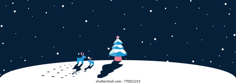 Merry Christmas and Happy New Year, winter landscape with reindeer, christmas tree, snow. vector, illustration.