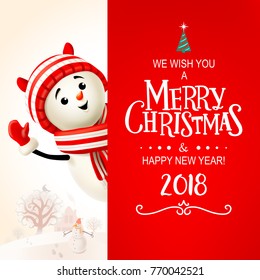 Merry Christmas and Happy New Year! Snowman with big signboard. Holiday greeting card. Isolated vector illustration.
