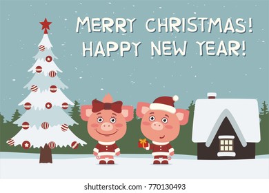 Merry Christmas and Happy New Year! Greeting card: two pig, boy and girl, with gift near tree.