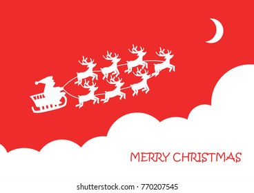 Merry Christmas and Happy New Year. Santa Claus riding in a sleigh with harness on the reindeer. Vector illustration.