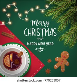 Merry Christmas and Happy New year - festive greetings card template with a cup of mulled wine, spices, Christmas tree branches, gingerbread man and lights. Vector illustration