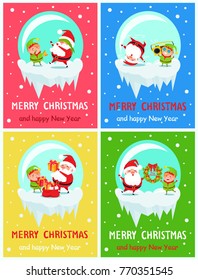 Merry Christmas Happy New Year posters Santa and Elf in balls playing hide-and-seek, listen to music, give presents, hang winter decor wreath vector