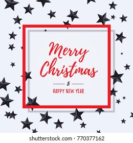 Merry Christmas and Happy New Year red lettering inside red frame over flat lay with black stars. Vector illustration usable for banners, greeting cards, gifts and backgrounds.