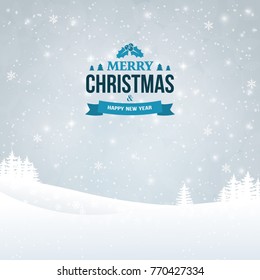 Merry Christmas and Happy New Year vintage badge on the landscape background. Holiday winter background with falling snow. Shining landscape background with trees and snowflakes. Vector Illustration.