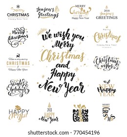 Merry Christmas. Happy New Year. Set of calligraphy, lettering inscription for greeting card design. Vector illustration