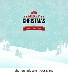 Merry Christmas and Happy New Year vintage badge on the landscape background. Shining holiday winter background with falling snow, trees and snowflakes. Clean and minimal design. Vector Illustration.