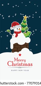 Merry Christmas and Happy New Year with santa claus, 
christmas tree, snowman and tree under the snow, 
Background for invitation, poster, greeting cards,
 wallpaper, New year holiday vector illustrat