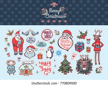 Merry Christmas And Happy New Year  Vector Design Elements In Vintage Style. Hand-drawn Big Collection Of Badges, Patches, Stickers, labels, Icons, Elements For Decoration Presents, Cards, Shops.