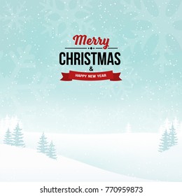 Merry Christmas and Happy New Year vintage badge on the landscape background. Holiday foggy winter background with falling snow, trees, snowflakes. Clean and minimal design. Vector Illustration.