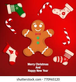 Merry Christmas and Happy New Year greeting card, vector illustration.