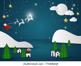 Merry Christmas and Happy New Year 2018 background. Santa Claus on the sky coming to City Vector.