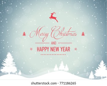 Merry Christmas and Happy New year Vector Landscape card with deer, snowflakes and stars.