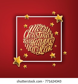Merry Christmas and Happy New Year vector text Calligraphic Lettering design card. Creative typography for Holiday, Greeting, Gift, Poster. Gold Calligraphy Font style Banner.