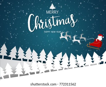 Merry Christmas and Happy New Year background. Santa Claus on the sky coming tree Vector.