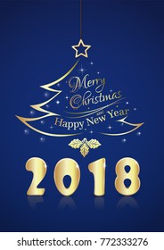 Merry Christmas and Happy New Year 2018. Christmas tree and festive inscription on a blue background. Vector illustration