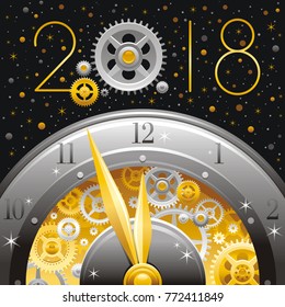 Merry Christmas and Happy New year 2018 flyer. Greeting card design with clockwork, cogwheel, minute, hour hand, vintage clock element black background. Gold silver icon, text letter, golden stars sky