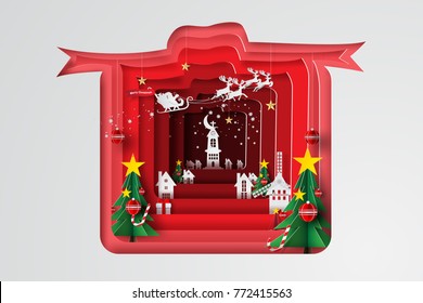 Merry Christmas and Happy New Year with gift surface layer paper concept.Creative paper cut and craft style for decoration postcard and poster.Graphic Holiday of modern element vector.illustration
