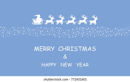 Merry Christmas and Happy New Year. Santa Claus riding in a sleigh with harness on the reindeer. Vector illustration.