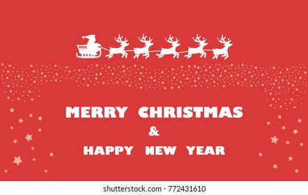 Merry Christmas and Happy New Year. Santa Claus riding in a sleigh with harness on the reindeer. Vector illustration.