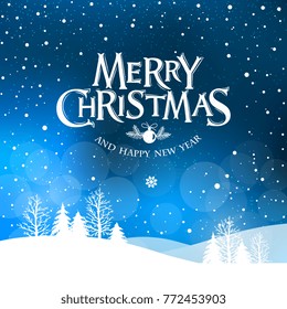 Merry Christmas and Happy New Year  typography vector design for greeting cards and poster. Merry Christmas hand lettering, with winter landscape, with snowflakes, light. Vector illustration.