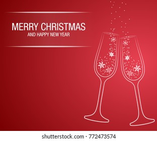 Merry Christmas and Happy New Year greeting card. Modern elegant. champagne glass