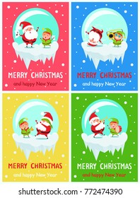 Merry Christmas and Happy New Year greeting card Santa and Elf singing carol songs, dancing head over heels, playing hide-and-seek, on trumpet and drum