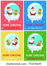 Merry Christmas Happy New Year greeting card Santa and Elf singing carol songs, fatigue with stars over head, playing hide-and-seek, ride sledge vector
