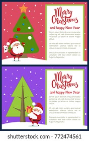 Merry Christmas and Happy New Year poster with Santa singing songs and giving presents near Xmas tree on snowy backdrop vector illustration banners