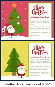 Merry Christmas and Happy New Year greeting card with Santa singing songs and waving hand near Xmas tree on snowy backdrop vector illustration banners
