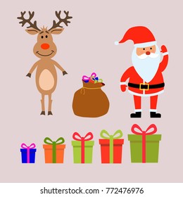 Merry Christmas and happy new year greeting cute Santa Claus, gift bag, christmas deer, gift box set isolated on background vector illustration