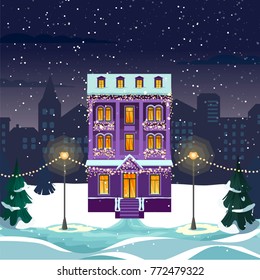 Merry Christmas and Happy New Year snowy city Background with Winter City Landscape. cozy house and trees. Christmas eve in old town. Christmas greeting card background poster. Vector illustration
