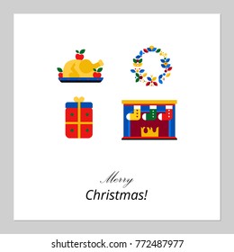 Merry Christmas, Happy New Year card design. Abstract flat xmas traditional winter holidays flat icons.  Great for greeting cards, postcards, invitation cards,  gift tags, logo. Vector graphic design