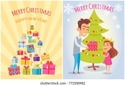 Merry Christmas and Happy New Year postcard with mountains of gift boxes, father congratulating daughter near decorated Xmas tree vector illustrations
