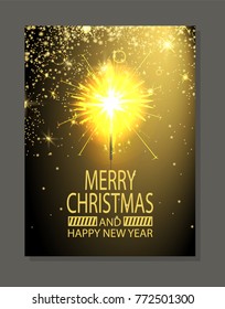 Merry Christmas and happy New Year poster, headline and fire produced by Bengal light, vector illustration isolated on gold and black background