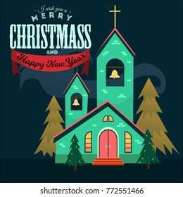 merry christmas and happy new year card, church and green tree under snow, christianity and Catholic winter city cathedral vector illustration, religious holy background
