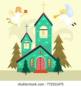 merry christmas and happy new year card, church and green tree under snow, christianity and Catholic winter city cathedral vector illustration, religious holy background