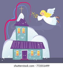 merry christmas and happy new year card, church and green tree under snow, christianity and Catholic winter city cathedral vector illustration, religious holy background