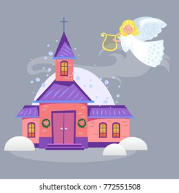 merry christmas and happy new year card, church and green tree under snow, christianity and Catholic winter city cathedral vector illustration, religious holy background