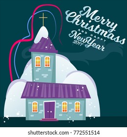 merry christmas and happy new year card, church and green tree under snow, christianity and Catholic winter city cathedral vector illustration, religious holy background