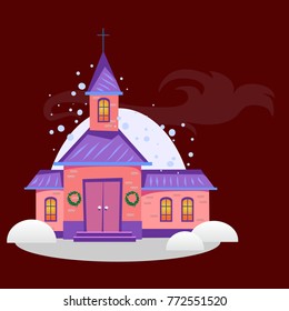 merry christmas and happy new year card, church and green tree under snow, christianity and Catholic winter city cathedral vector illustration, religious holy background