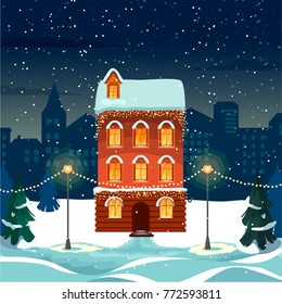 Merry Christmas and Happy New Year snowy city Background with Winter City Landscape. cozy house and trees. Christmas eve in old town. Christmas greeting card background poster. Vector illustration