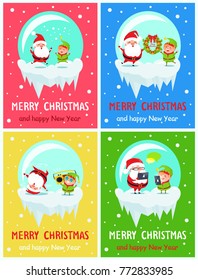 Merry Christmas and Happy New Year postcard Santa and Elf sending greeting, jumping from joy, listen and dance at music on retro tape recorder vector