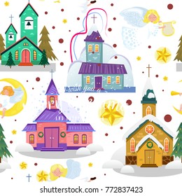 merry christmas and happy new year seamless pattern, church and green tree under snow, christianity and Catholic winter city cathedral vector illustration, religious holy background