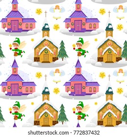 merry christmas and happy new year seamless pattern, church and green tree under snow, christianity and Catholic winter city cathedral vector illustration, religious holy background