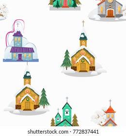 merry christmas and happy new year seamless pattern, church and green tree under snow, christianity and Catholic winter city cathedral vector illustration, religious holy background