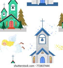 merry christmas and happy new year seamless pattern, church and green tree under snow, christianity and Catholic winter city cathedral vector illustration, religious holy background